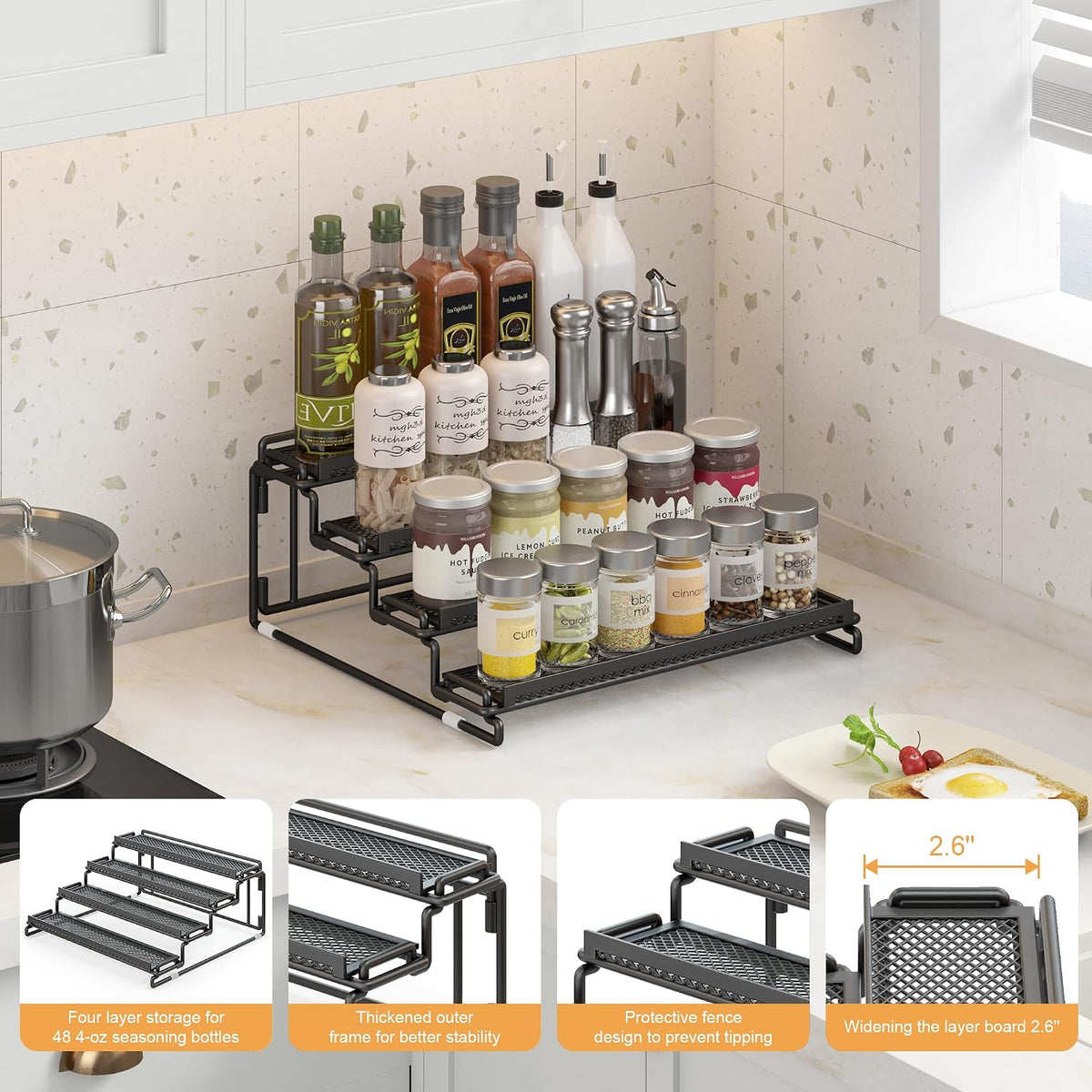 2 Pack Spice Rack Organizer for Cabinet, 4 Tier Black (S&L) Seasoning Organizer Rack for Inside Cabinets, Countertop, Pantry Storage
