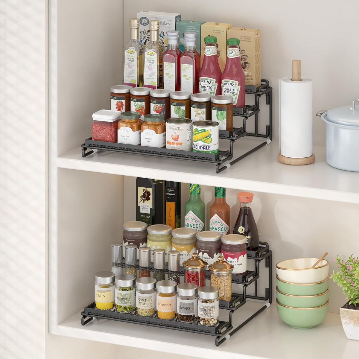 2 Pack Spice Rack Organizer for Cabinet, 4 Tier Black (S&L) Seasoning Organizer Rack for Inside Cabinets, Countertop, Pantry Storage