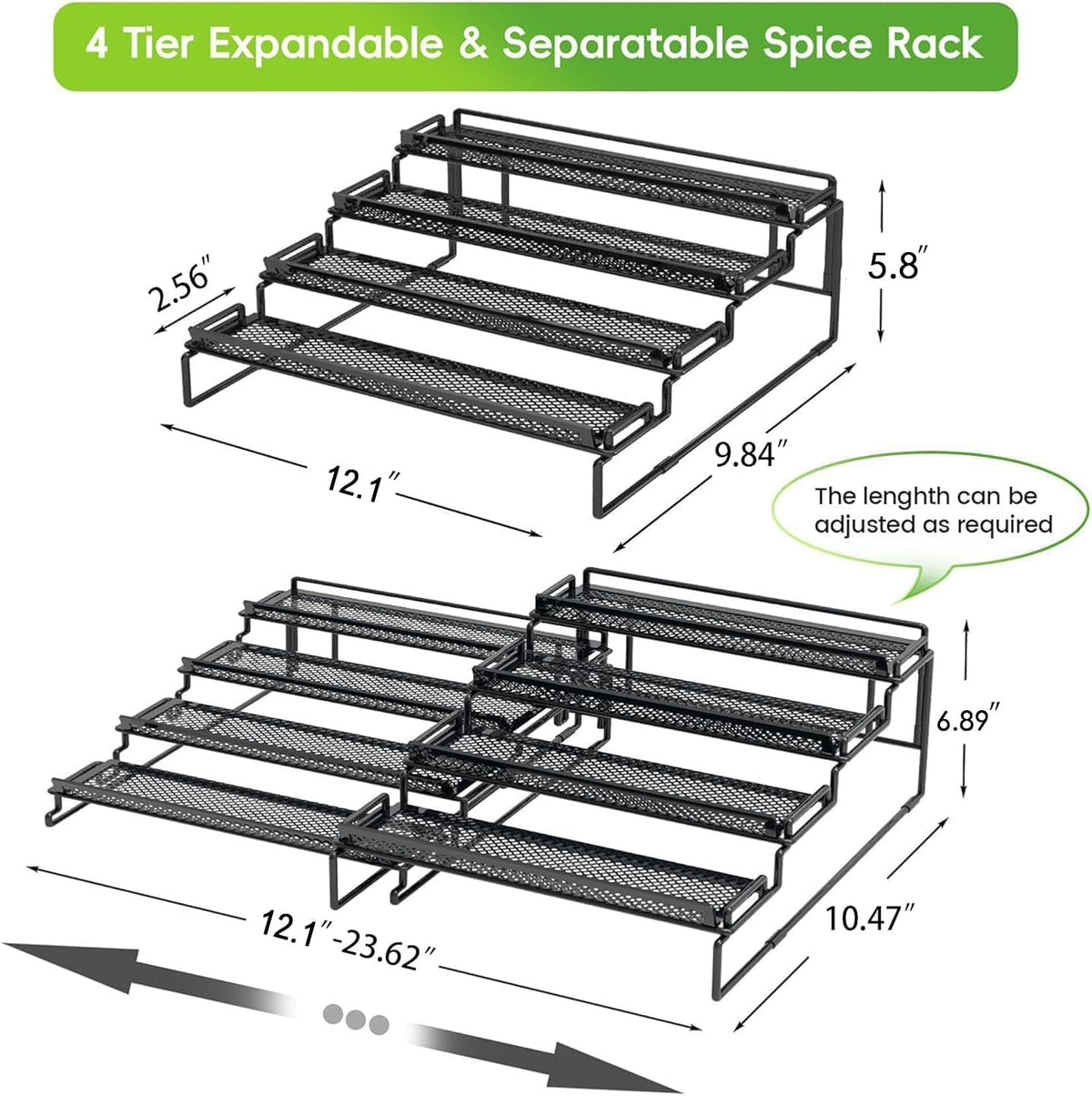 2 Pack Spice Rack Organizer for Cabinet, 4 Tier Black (S&L) Seasoning Organizer Rack for Inside Cabinets, Countertop, Pantry Storage