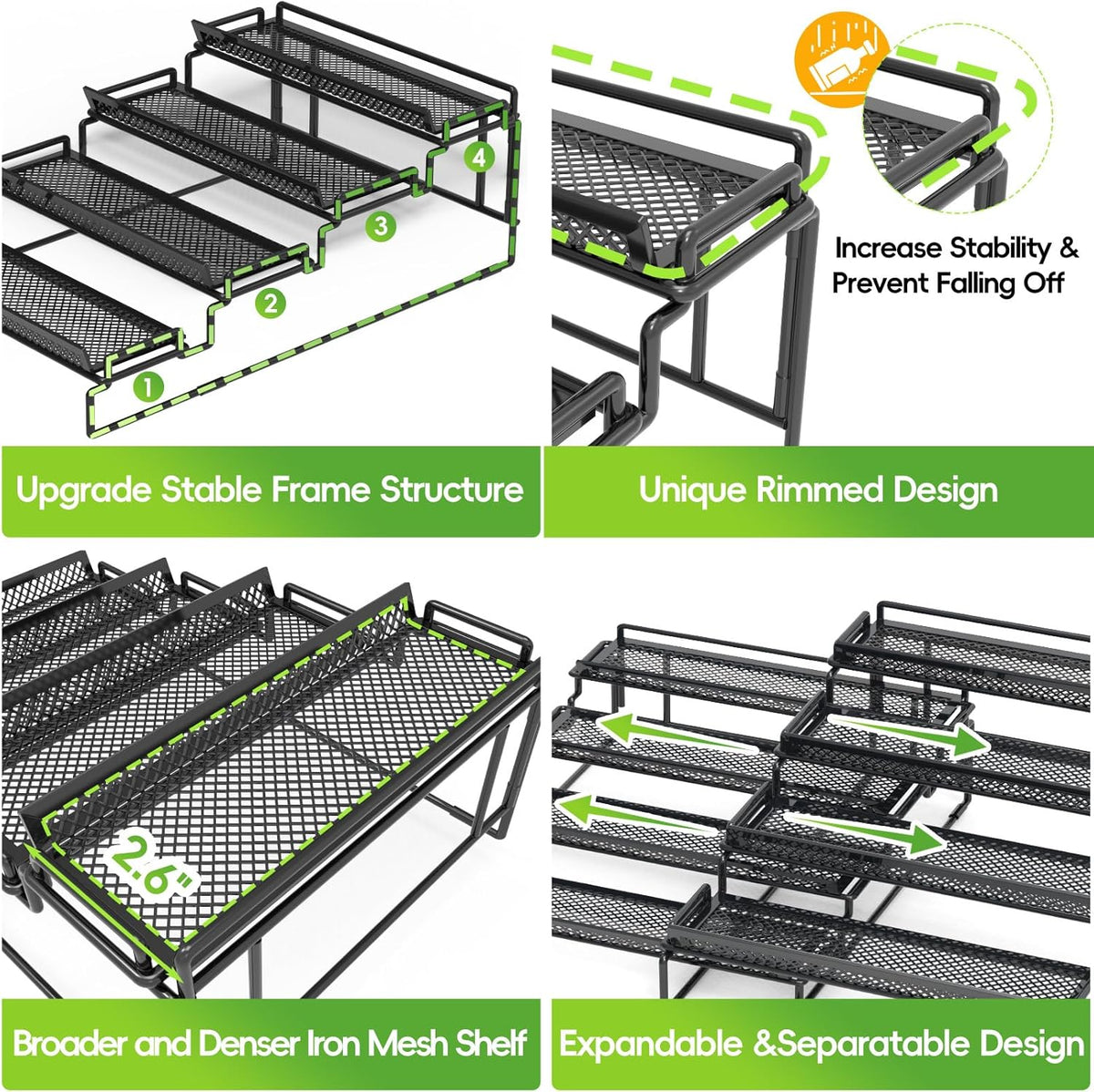 2 Pack Spice Rack Organizer for Cabinet, 4 Tier Black (S&L) Seasoning Organizer Rack for Inside Cabinets, Countertop, Pantry Storage