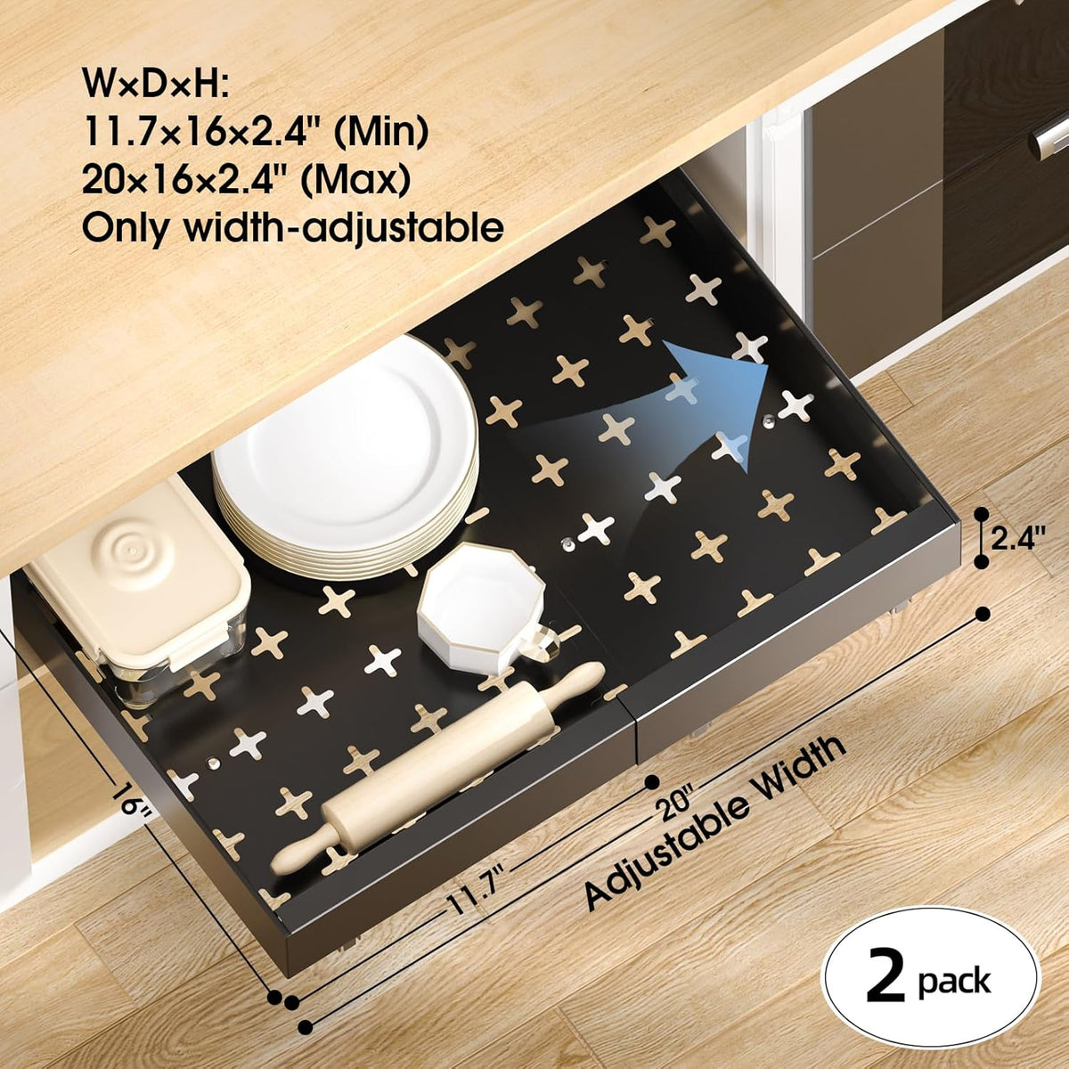 16" Deep Pull Out Cabinet Organizer with 6 Dividers, Expandable (11.7 "-20" W) Pull Out Drawers for Cabinets, Cabinet Trays Pull Out for Cabinets in Kitchen, Pantry or Bathroom, Black, 2 Pack