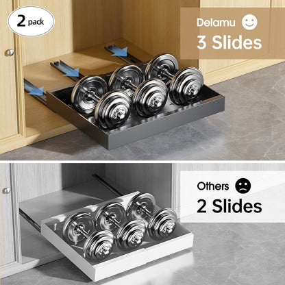 16" Deep Pull Out Cabinet Organizer with 6 Dividers, Expandable (11.7 "-20" W) Pull Out Drawers for Cabinets, Cabinet Trays Pull Out for Cabinets in Kitchen, Pantry or Bathroom, Black, 2 Pack