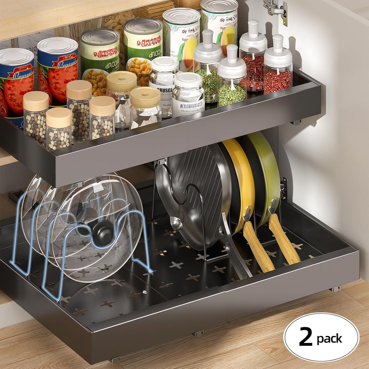 16" Deep Pull Out Cabinet Organizer with 6 Dividers, Expandable (11.7 "-20" W) Pull Out Drawers for Cabinets, Cabinet Trays Pull Out for Cabinets in Kitchen, Pantry or Bathroom, Black, 2 Pack