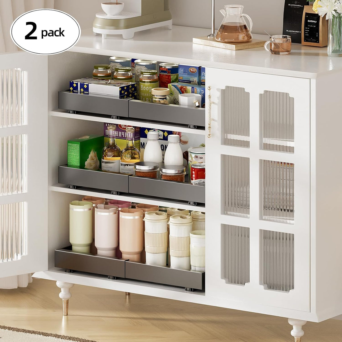 16" Deep Pull Out Cabinet Organizer with 6 Dividers, Expandable (11.7 "-20" W) Pull Out Drawers for Cabinets, Cabinet Trays Pull Out for Cabinets in Kitchen, Pantry or Bathroom, Black, 2 Pack