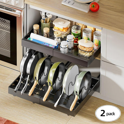 16" Deep Pull Out Cabinet Organizer with 6 Dividers, Expandable (11.7 "-20" W) Pull Out Drawers for Cabinets, Cabinet Trays Pull Out for Cabinets in Kitchen, Pantry or Bathroom, Black, 2 Pack