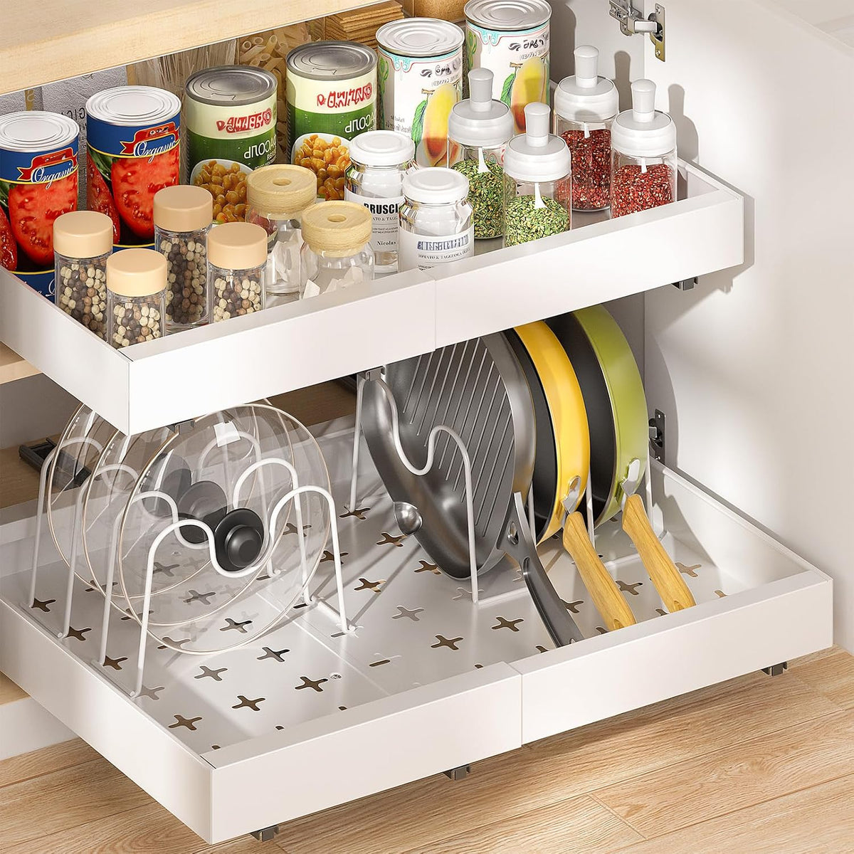 16" Deep Pull Out Cabinet Organizer with 6 Dividers, Expandable (11.7 "-20" W) Pull Out Drawers for Cabinets, Cabinet Trays Pull Out for Cabinets in Kitchen, Pantry or Bathroom, Black, 2 Pack