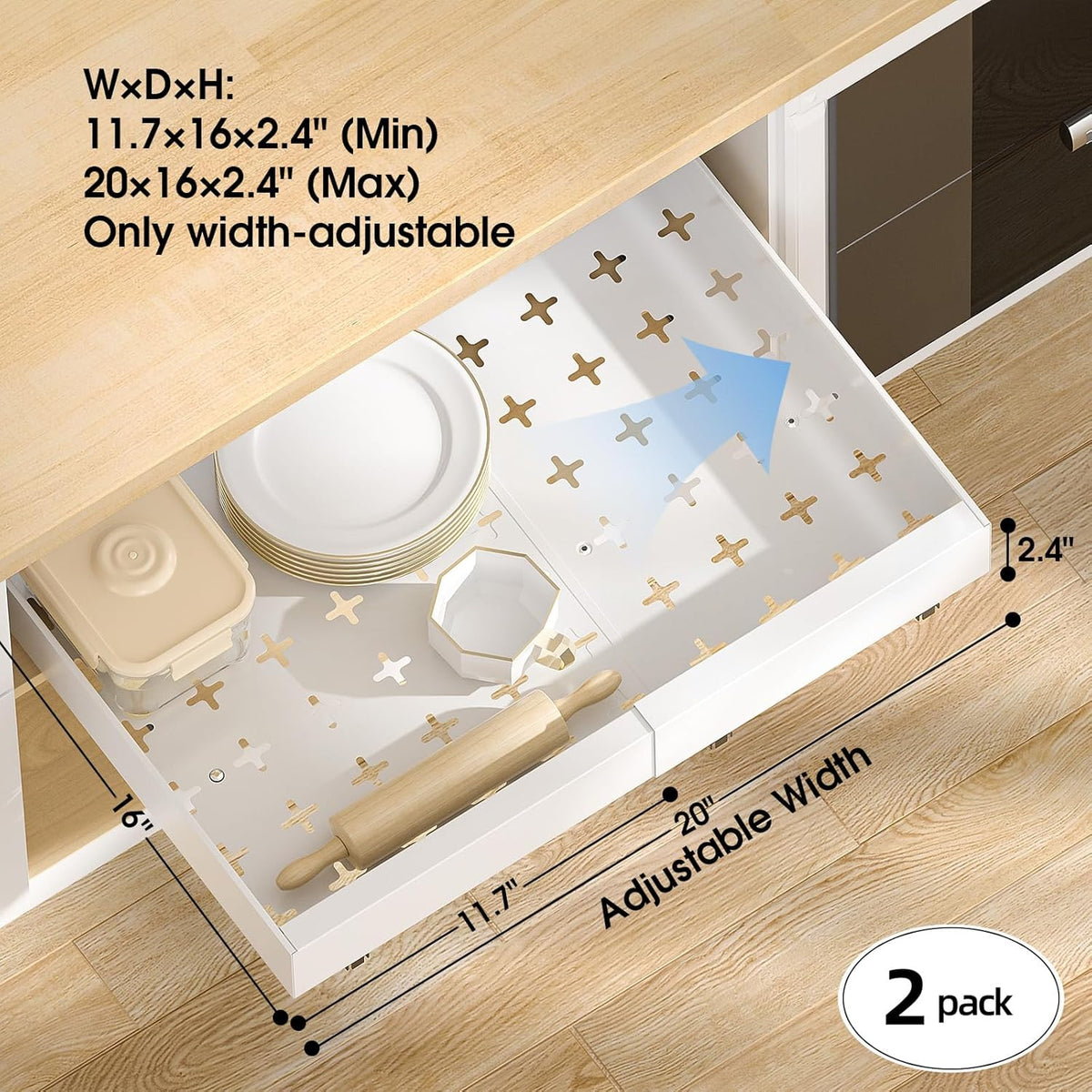 16" Deep Pull Out Cabinet Organizer with 6 Dividers, Expandable (11.7 "-20" W) Pull Out Drawers for Cabinets, Cabinet Trays Pull Out for Cabinets in Kitchen, Pantry or Bathroom, Black, 2 Pack