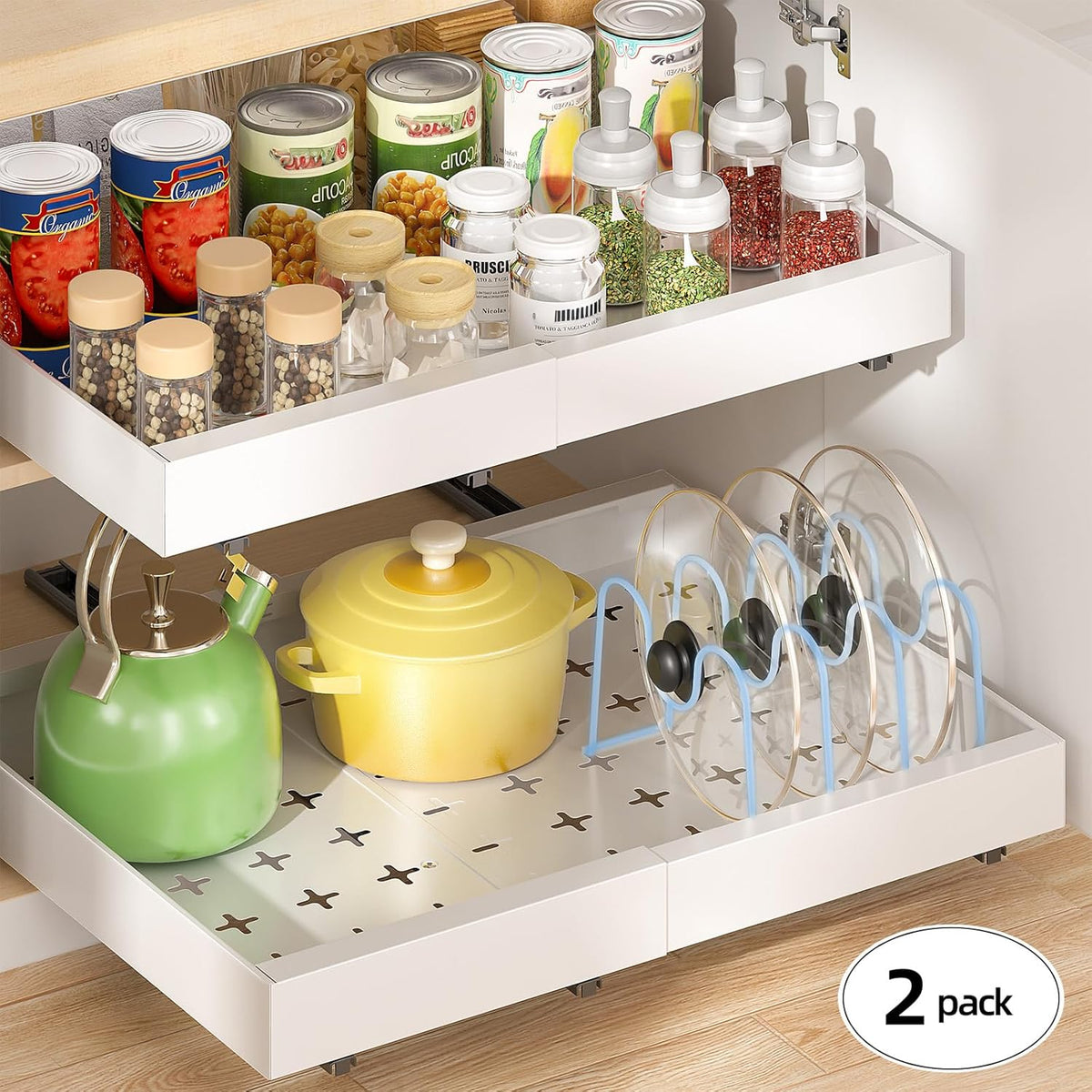16" Deep Pull Out Cabinet Organizer with 6 Dividers, Expandable (11.7 "-20" W) Pull Out Drawers for Cabinets, Cabinet Trays Pull Out for Cabinets in Kitchen, Pantry or Bathroom, Black, 2 Pack