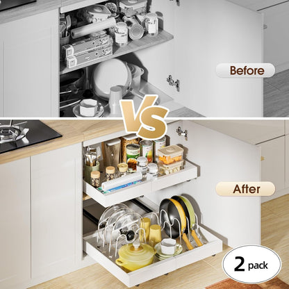 16" Deep Pull Out Cabinet Organizer with 6 Dividers, Expandable (11.7 "-20" W) Pull Out Drawers for Cabinets, Cabinet Trays Pull Out for Cabinets in Kitchen, Pantry or Bathroom, Black, 2 Pack