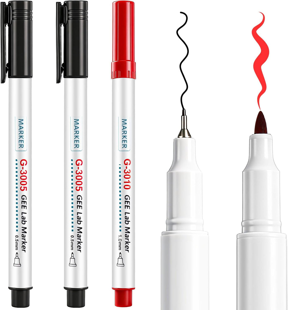 3 Pack Alcohol Resistant Laboratory Markers Permanent Freezer Pens with Black 0.5mm Fine Point and Red 1.0mm Makers Tip, Designed for Lab, Professional Labeling on Glass Plastic Wet Surfaces