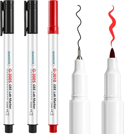 3 Pack Alcohol Resistant Laboratory Markers Permanent Freezer Pens with Black 0.5mm Fine Point and Red 1.0mm Makers Tip, Designed for Lab, Professional Labeling on Glass Plastic Wet Surfaces