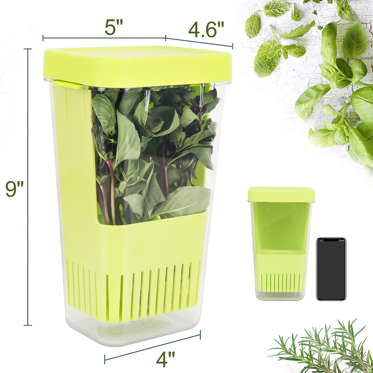 Fresh Herb Keeper for Refrigerator, Clear BPA-Free Herb Saver, Storage Container for Cilantro, Parsley, Thyme, Mint & Asparagus, Preserver Keeps Fresh Herbs for 3 Times Longer, Green & Orange