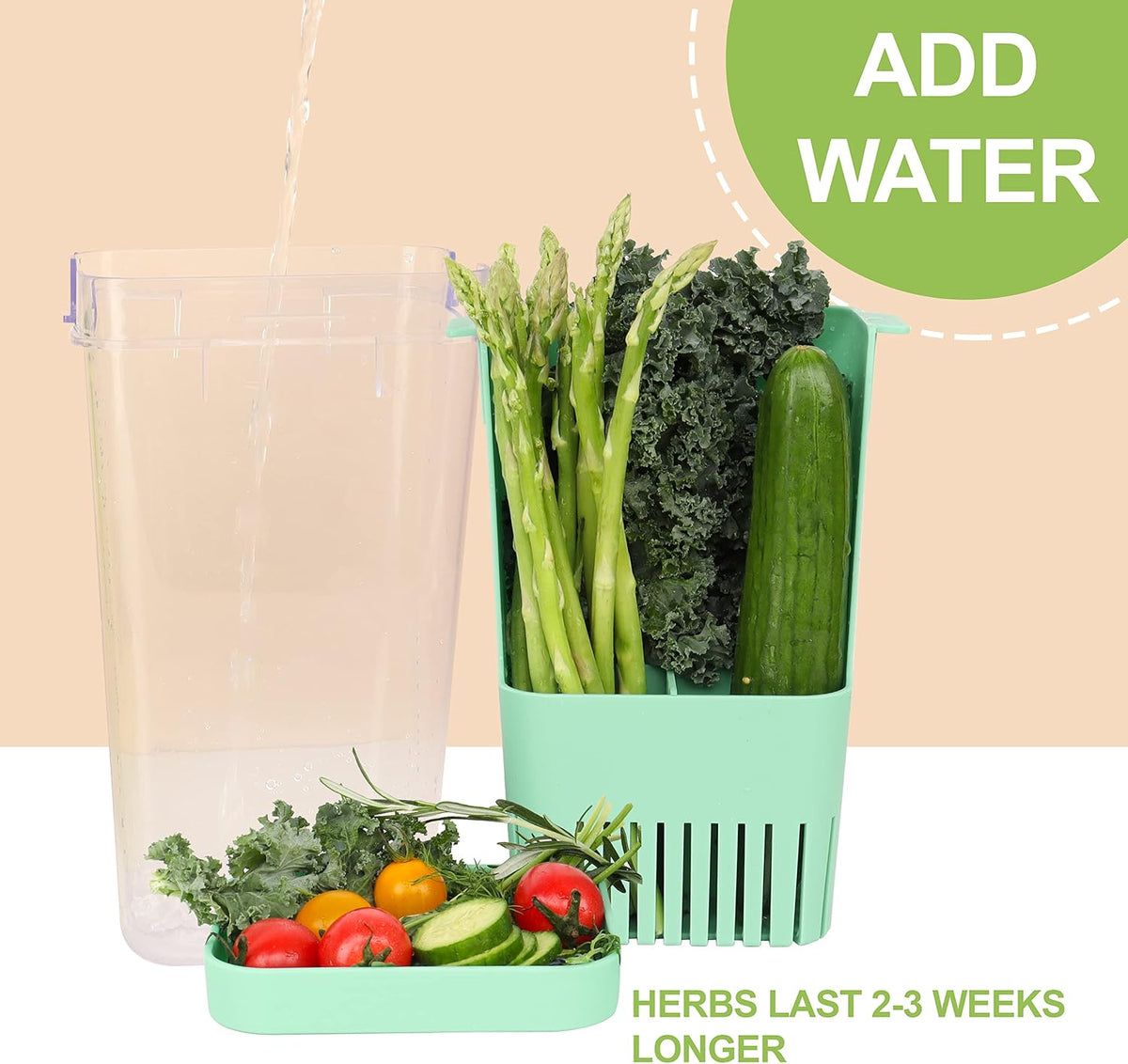 Fresh Herb Keeper for Refrigerator, Clear BPA-Free Herb Saver, Storage Container for Cilantro, Parsley, Thyme, Mint & Asparagus, Preserver Keeps Fresh Herbs for 3 Times Longer, Green & Orange