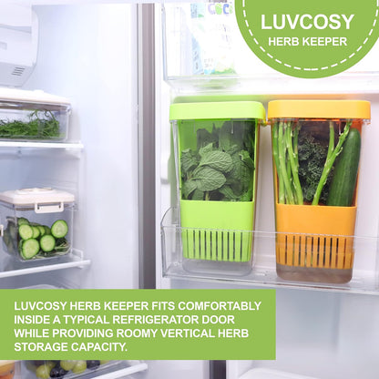 Fresh Herb Keeper for Refrigerator, Clear BPA-Free Herb Saver, Storage Container for Cilantro, Parsley, Thyme, Mint & Asparagus, Preserver Keeps Fresh Herbs for 3 Times Longer, Green & Orange