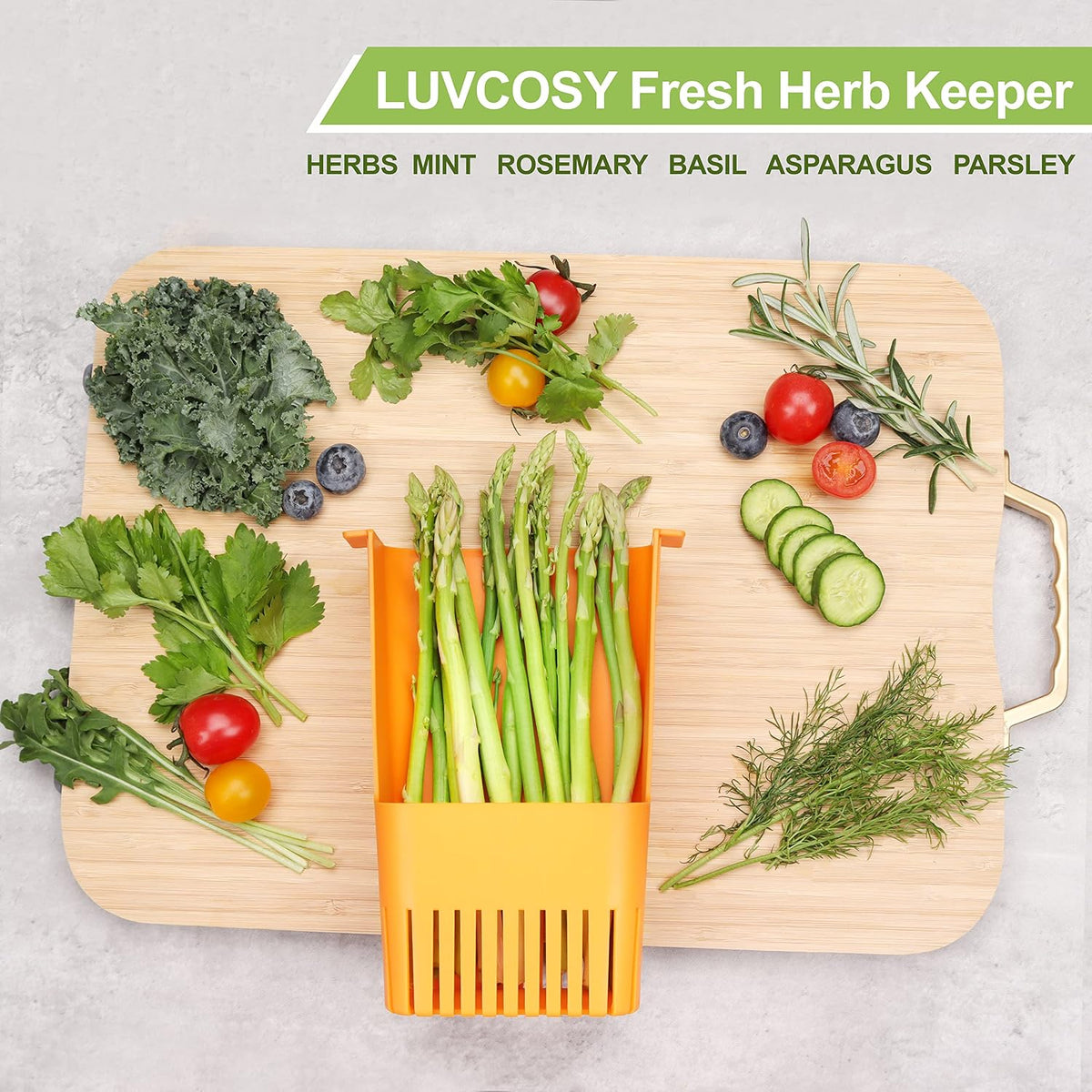 Fresh Herb Keeper for Refrigerator, Clear BPA-Free Herb Saver, Storage Container for Cilantro, Parsley, Thyme, Mint & Asparagus, Preserver Keeps Fresh Herbs for 3 Times Longer, Green & Orange