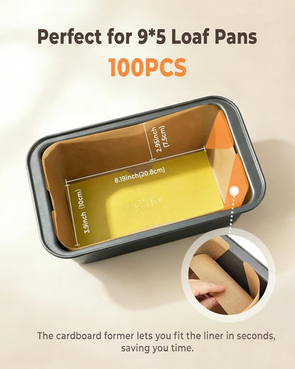 100 Pcs Loaf Pan Liners for Baking Bread 9x5 Inch, Bread Pan Liners with Cardboard Formers, Non-Stick Pre Cut Unbleached Parchment Paper for Loaf Pan