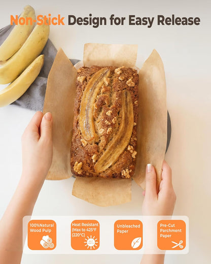 100 Pcs Loaf Pan Liners for Baking Bread 9x5 Inch, Bread Pan Liners with Cardboard Formers, Non-Stick Pre Cut Unbleached Parchment Paper for Loaf Pan