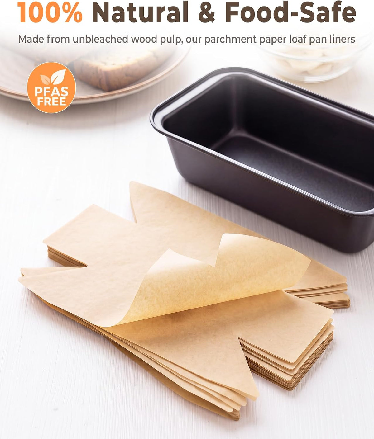 100 Pcs Loaf Pan Liners for Baking Bread 9x5 Inch, Bread Pan Liners with Cardboard Formers, Non-Stick Pre Cut Unbleached Parchment Paper for Loaf Pan