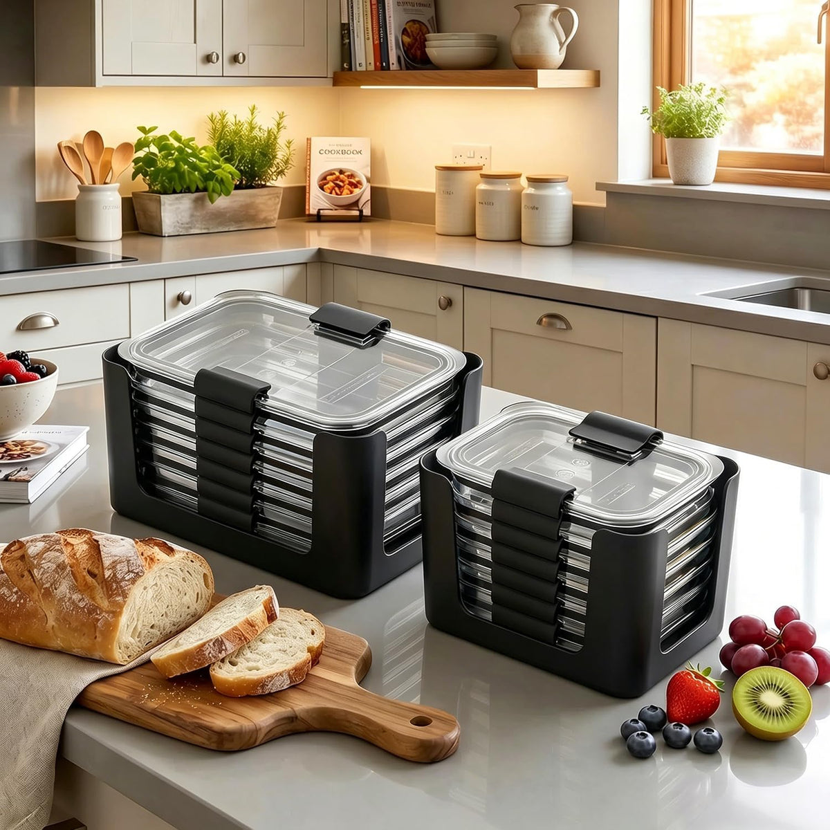 Food Storage Container Lids Organizer for Rubbermaid Brilliance Nap-On Lids,Stackable Food Storage Container Lid Organizer--Fits 0.5, 1.3, 3.2, 4.7 & 9.6 Cups--Holds 32 Lids(Black)
