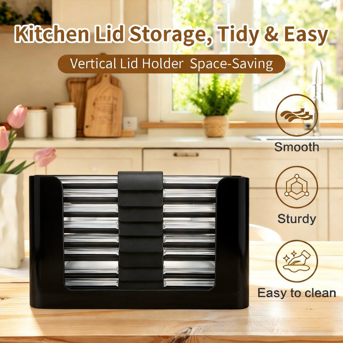 Food Storage Container Lids Organizer for Rubbermaid Brilliance Nap-On Lids,Stackable Food Storage Container Lid Organizer--Fits 0.5, 1.3, 3.2, 4.7 & 9.6 Cups--Holds 32 Lids(Black)