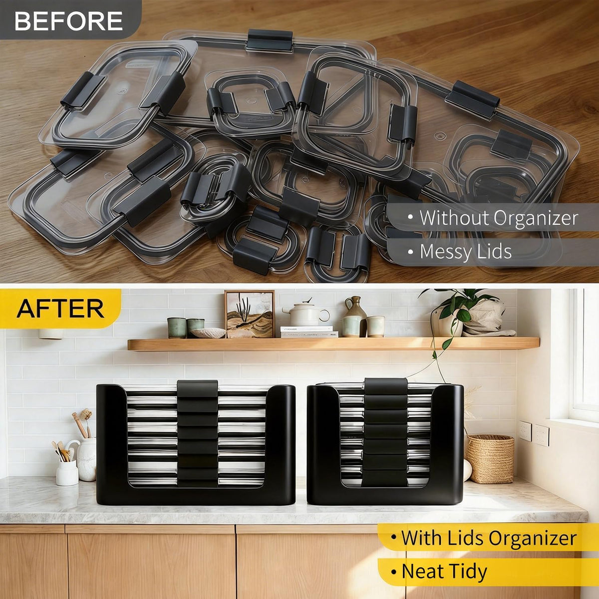 Food Storage Container Lids Organizer for Rubbermaid Brilliance Nap-On Lids,Stackable Food Storage Container Lid Organizer--Fits 0.5, 1.3, 3.2, 4.7 & 9.6 Cups--Holds 32 Lids(Black)