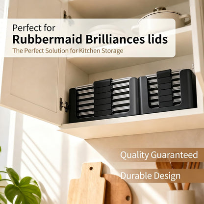 Food Storage Container Lids Organizer for Rubbermaid Brilliance Nap-On Lids,Stackable Food Storage Container Lid Organizer--Fits 0.5, 1.3, 3.2, 4.7 & 9.6 Cups--Holds 32 Lids(Black)