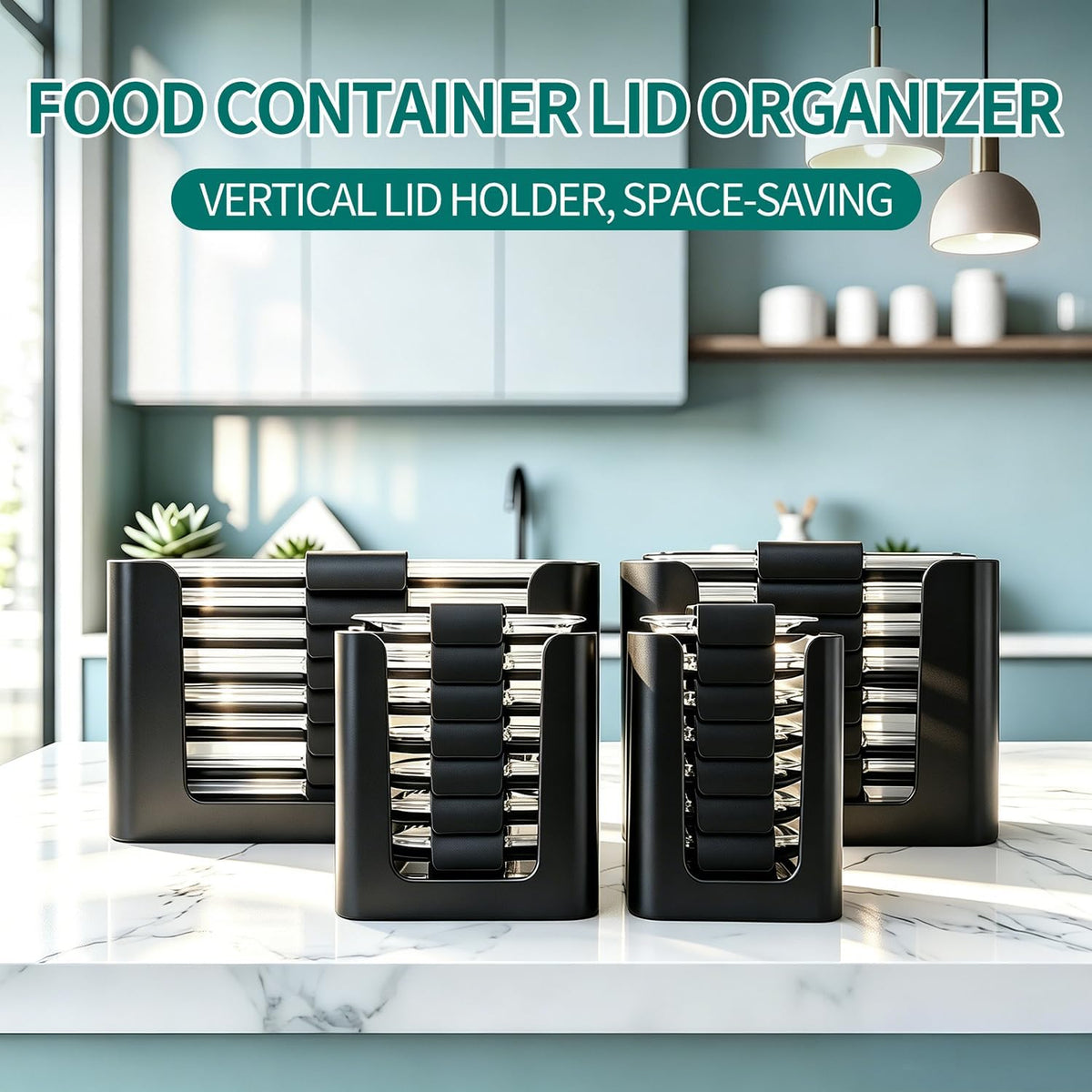 Food Storage Container Lids Organizer for Rubbermaid Brilliance Nap-On Lids,Stackable Food Storage Container Lid Organizer--Fits 0.5, 1.3, 3.2, 4.7 & 9.6 Cups--Holds 32 Lids(Black)