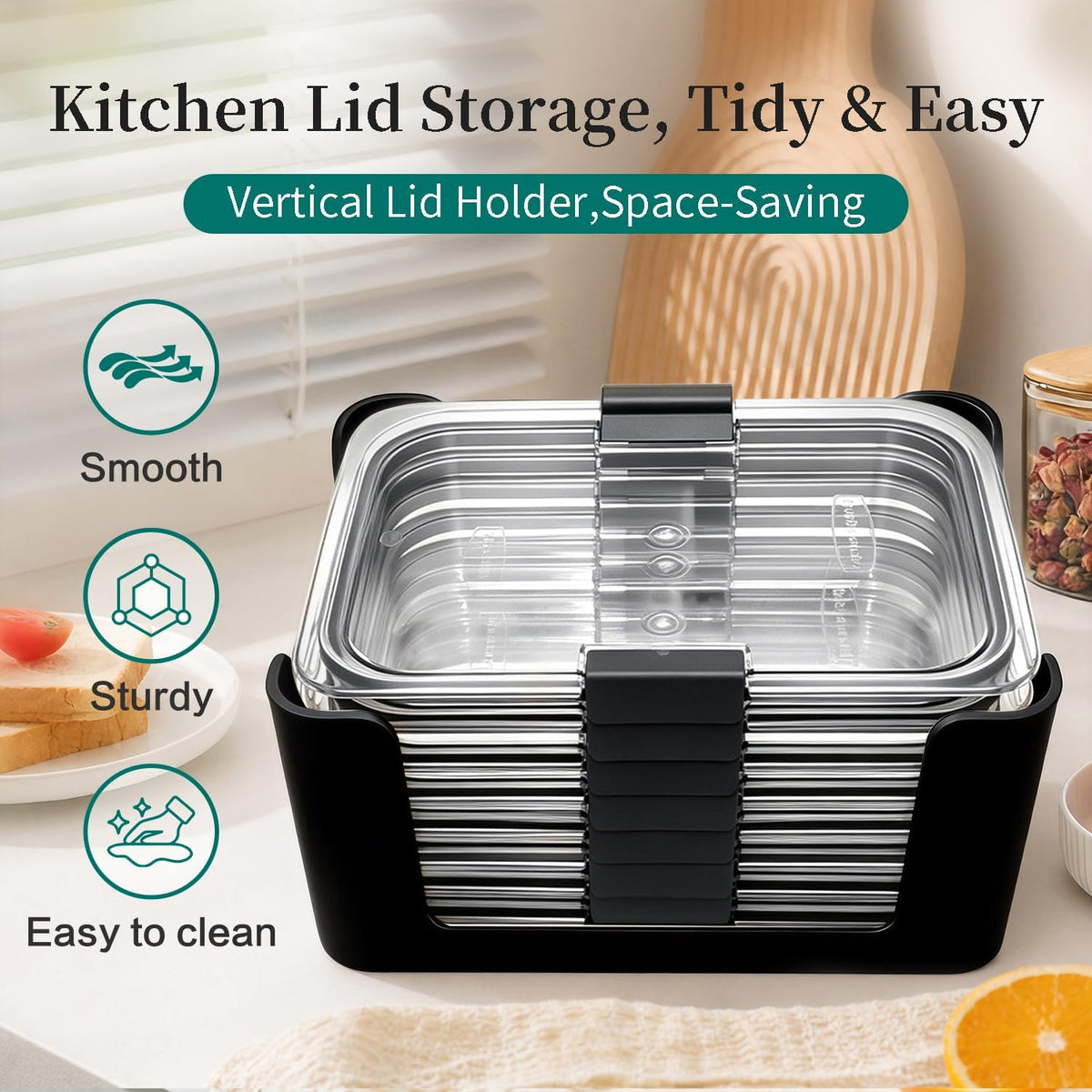 Food Storage Container Lids Organizer for Rubbermaid Brilliance Nap-On Lids,Stackable Food Storage Container Lid Organizer--Fits 0.5, 1.3, 3.2, 4.7 & 9.6 Cups--Holds 32 Lids(Black)