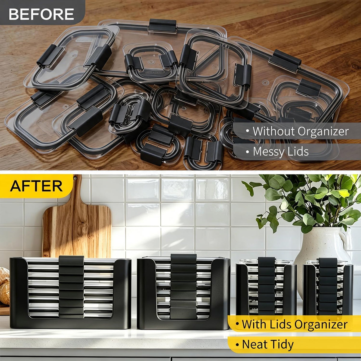 Food Storage Container Lids Organizer for Rubbermaid Brilliance Nap-On Lids,Stackable Food Storage Container Lid Organizer--Fits 0.5, 1.3, 3.2, 4.7 & 9.6 Cups--Holds 32 Lids(Black)