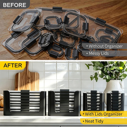 Food Storage Container Lids Organizer for Rubbermaid Brilliance Nap-On Lids,Stackable Food Storage Container Lid Organizer--Fits 0.5, 1.3, 3.2, 4.7 & 9.6 Cups--Holds 32 Lids(Black)