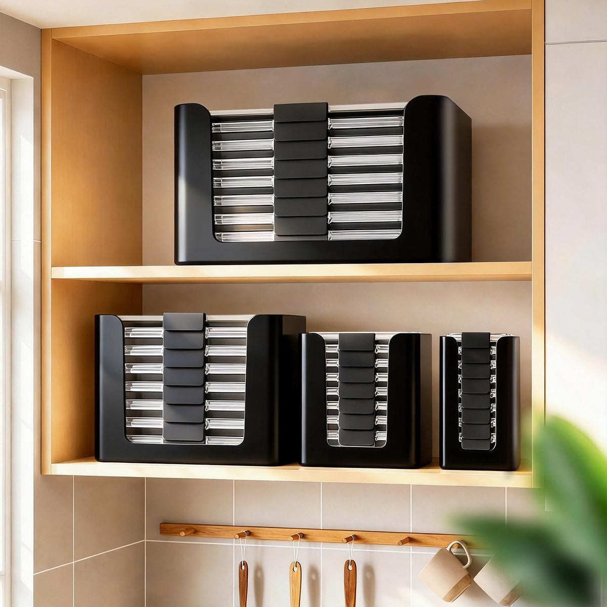 Food Storage Container Lids Organizer for Rubbermaid Brilliance Nap-On Lids,Stackable Food Storage Container Lid Organizer--Fits 0.5, 1.3, 3.2, 4.7 & 9.6 Cups--Holds 32 Lids(Black)