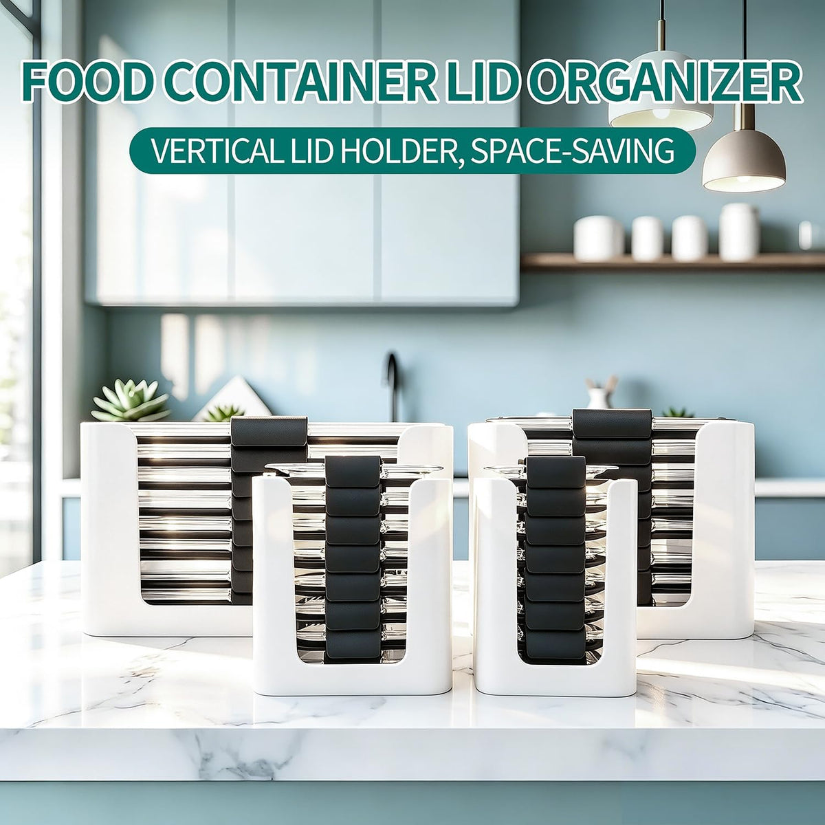 Food Storage Container Lids Organizer for Rubbermaid Brilliance Nap-On Lids,Stackable Food Storage Container Lid Organizer--Fits 0.5, 1.3, 3.2, 4.7 & 9.6 Cups--Holds 32 Lids(Black)