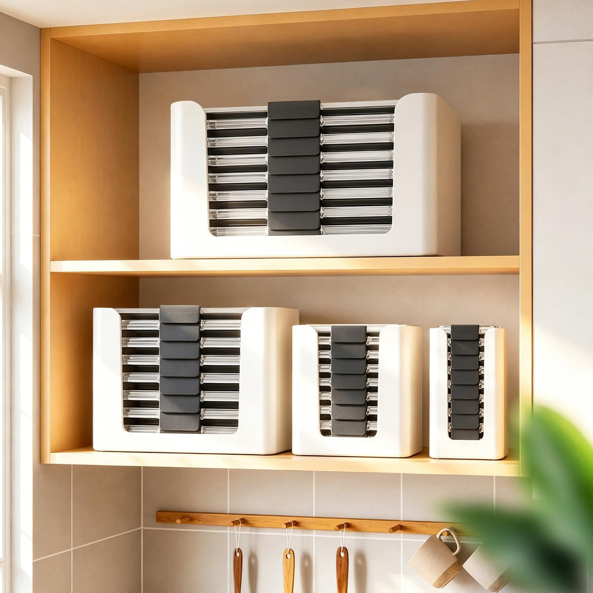 Food Storage Container Lids Organizer for Rubbermaid Brilliance Nap-On Lids,Stackable Food Storage Container Lid Organizer--Fits 0.5, 1.3, 3.2, 4.7 & 9.6 Cups--Holds 32 Lids(Black)