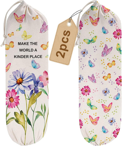 2Pcs Sunflower Plastic Bag Holder for Kitchen Essentials, Reusable Hanging Grocery Bag Organizer, Sunflower Gifts for Women, Washable Large Grocery Trash Bags Storage Dispenser