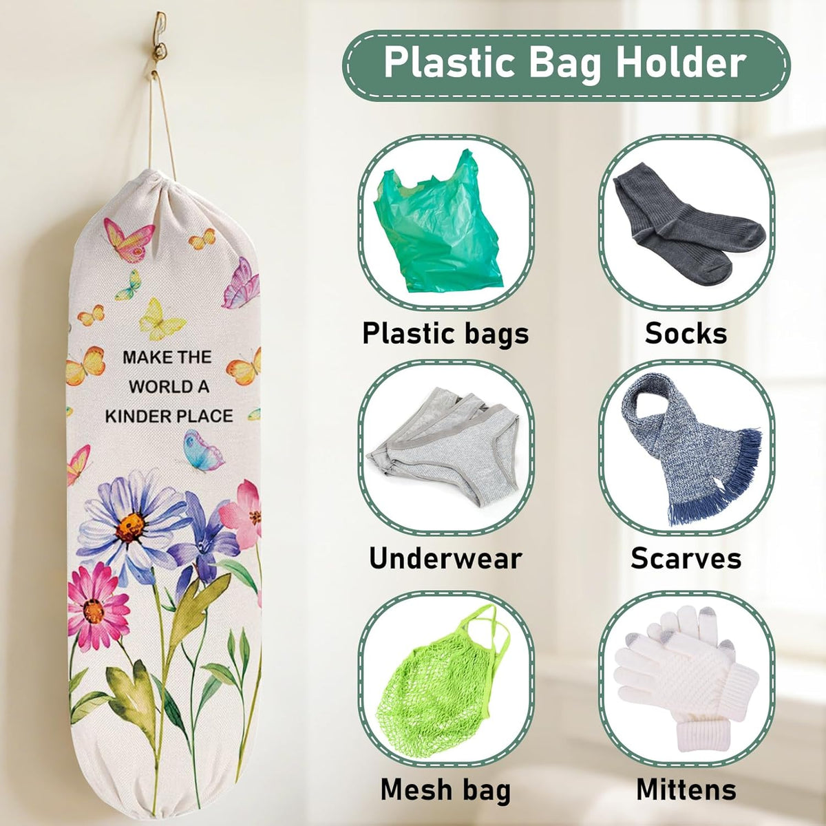 2Pcs Sunflower Plastic Bag Holder for Kitchen Essentials, Reusable Hanging Grocery Bag Organizer, Sunflower Gifts for Women, Washable Large Grocery Trash Bags Storage Dispenser