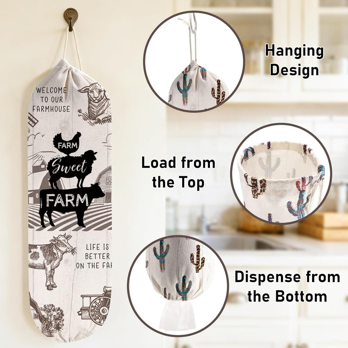 2Pcs Sunflower Plastic Bag Holder for Kitchen Essentials, Reusable Hanging Grocery Bag Organizer, Sunflower Gifts for Women, Washable Large Grocery Trash Bags Storage Dispenser