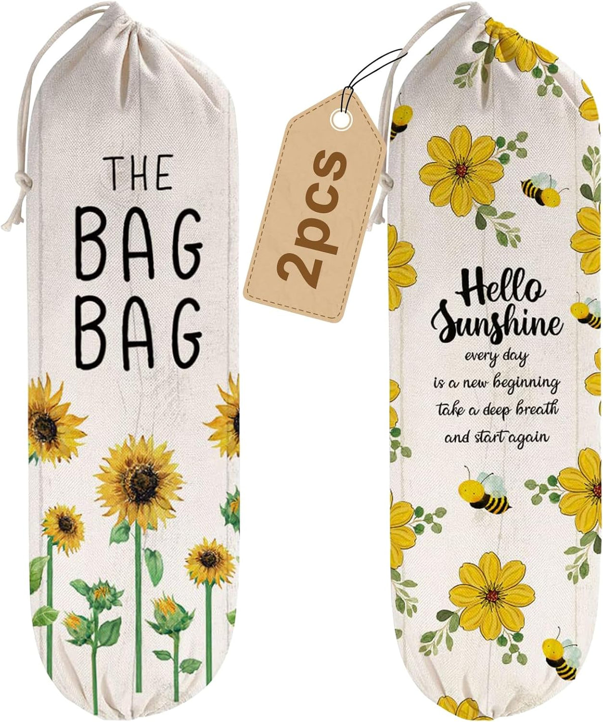 2Pcs Sunflower Plastic Bag Holder for Kitchen Essentials, Reusable Hanging Grocery Bag Organizer, Sunflower Gifts for Women, Washable Large Grocery Trash Bags Storage Dispenser