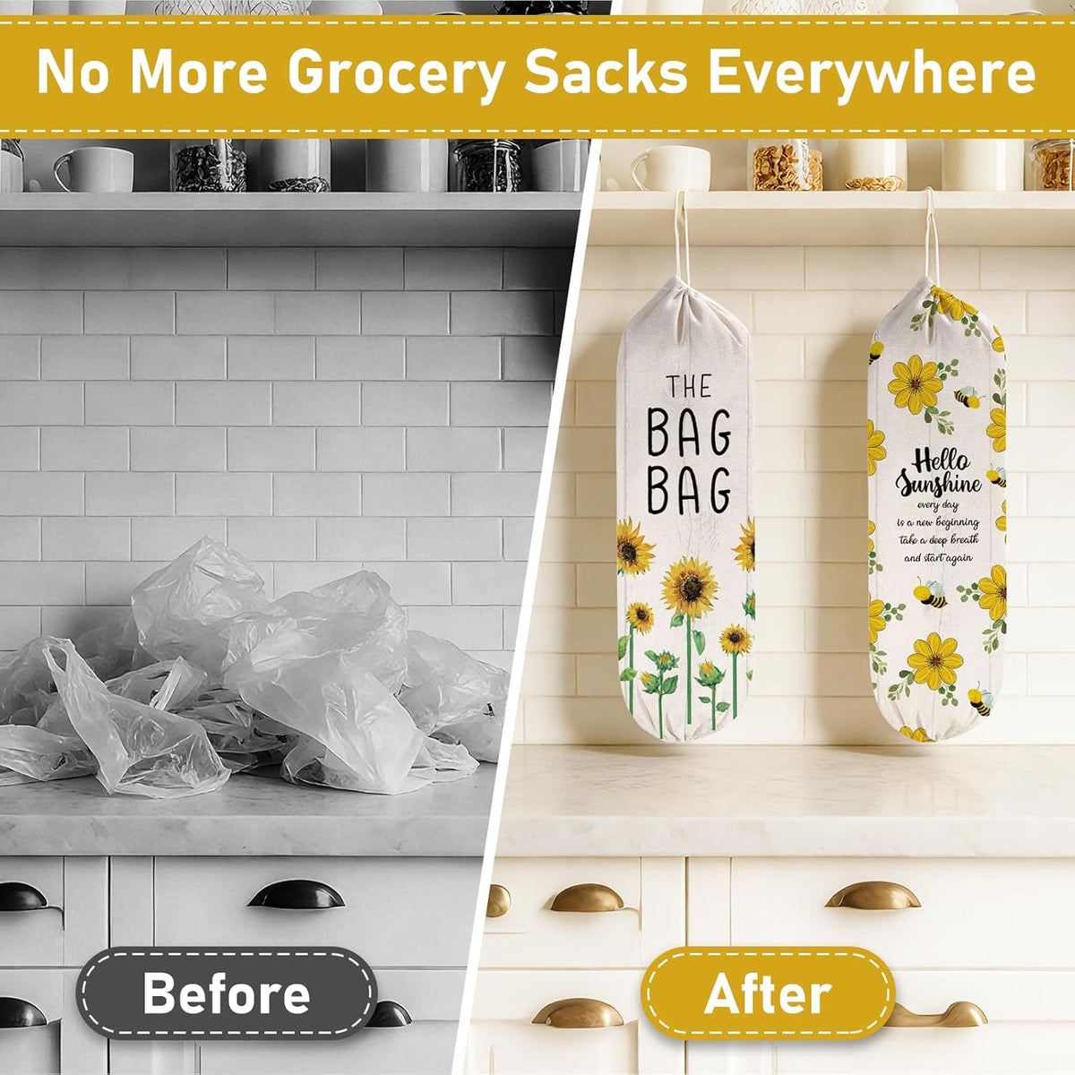 2Pcs Sunflower Plastic Bag Holder for Kitchen Essentials, Reusable Hanging Grocery Bag Organizer, Sunflower Gifts for Women, Washable Large Grocery Trash Bags Storage Dispenser