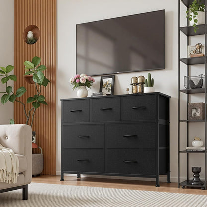 7 Drawer Dresser with Fabric Bins Fabric Storage Tower Organizer for Bedroom Closet Hallway Entryway Tall Chest of Drawers with Steel Frame Wood Top Easy Pull Handles,Black