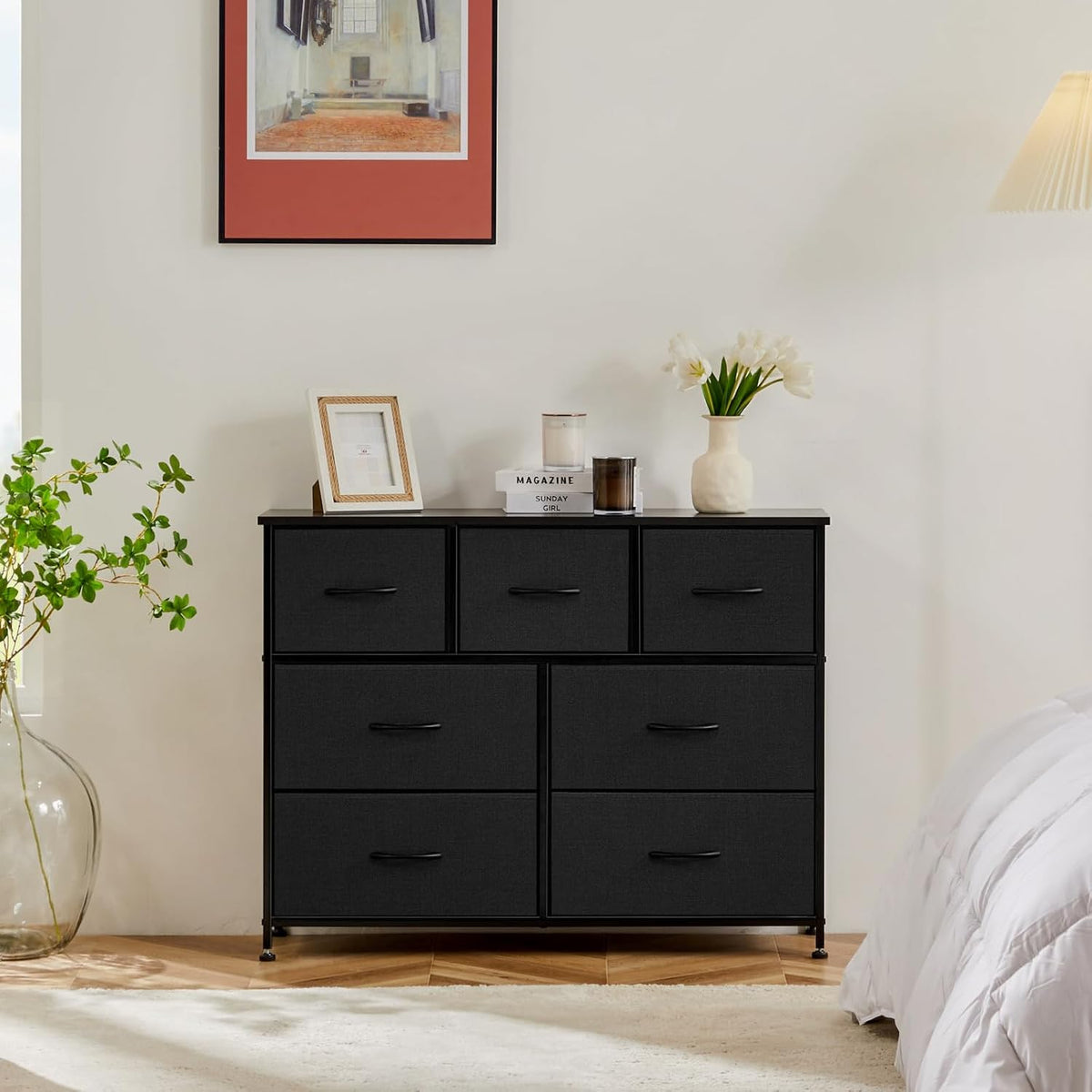 7 Drawer Dresser with Fabric Bins Fabric Storage Tower Organizer for Bedroom Closet Hallway Entryway Tall Chest of Drawers with Steel Frame Wood Top Easy Pull Handles,Black