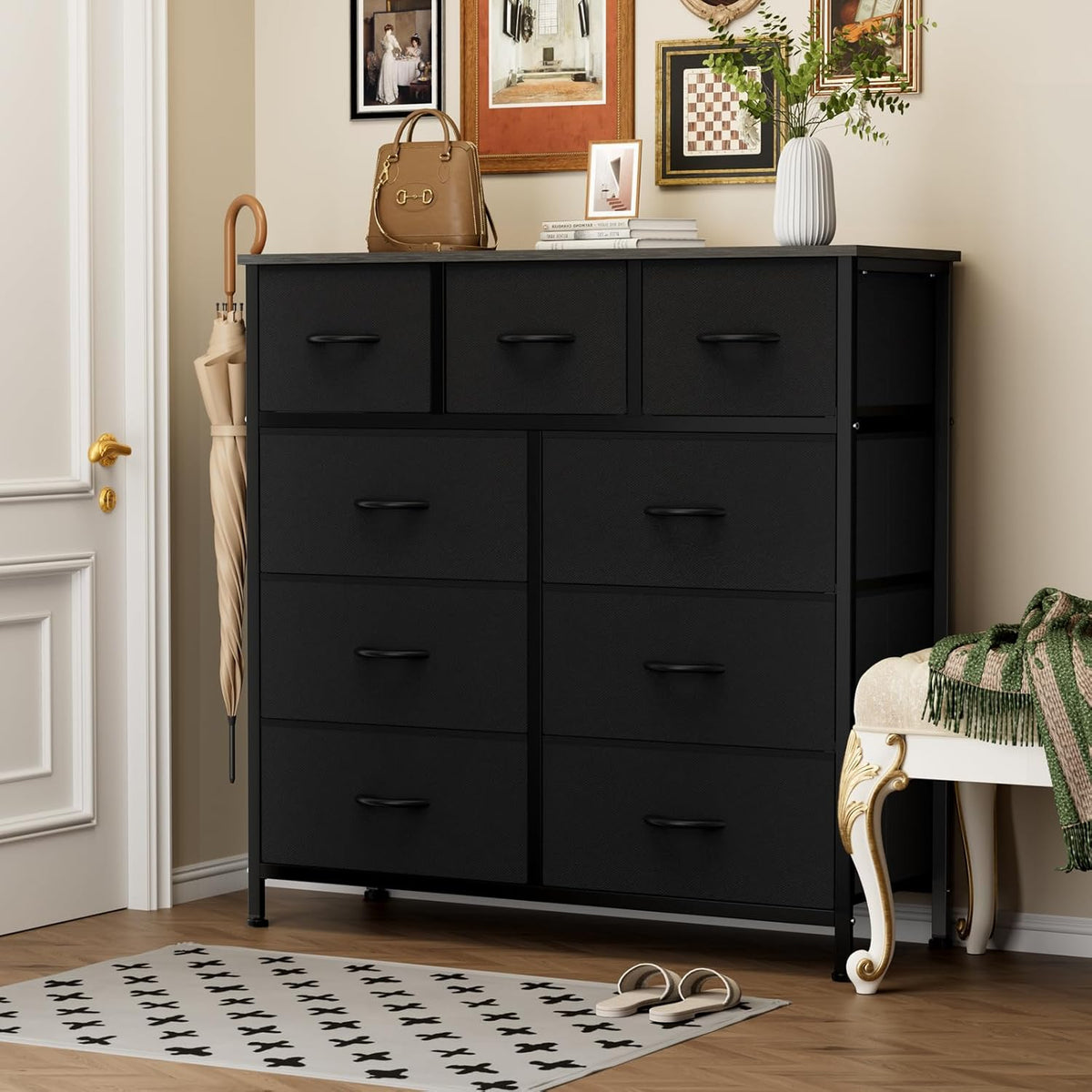 7 Drawer Dresser with Fabric Bins Fabric Storage Tower Organizer for Bedroom Closet Hallway Entryway Tall Chest of Drawers with Steel Frame Wood Top Easy Pull Handles,Black