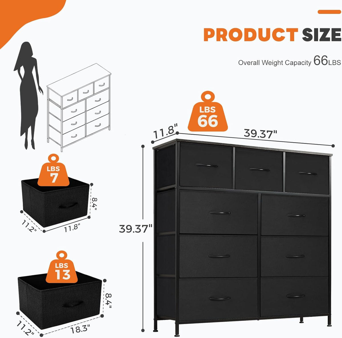 7 Drawer Dresser with Fabric Bins Fabric Storage Tower Organizer for Bedroom Closet Hallway Entryway Tall Chest of Drawers with Steel Frame Wood Top Easy Pull Handles,Black