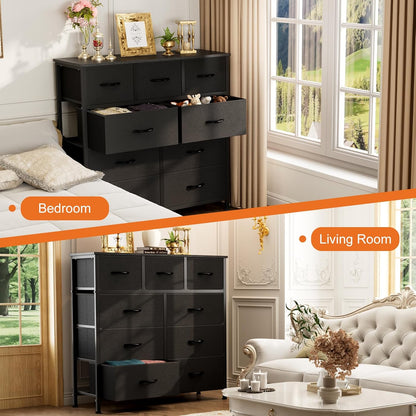 7 Drawer Dresser with Fabric Bins Fabric Storage Tower Organizer for Bedroom Closet Hallway Entryway Tall Chest of Drawers with Steel Frame Wood Top Easy Pull Handles,Black