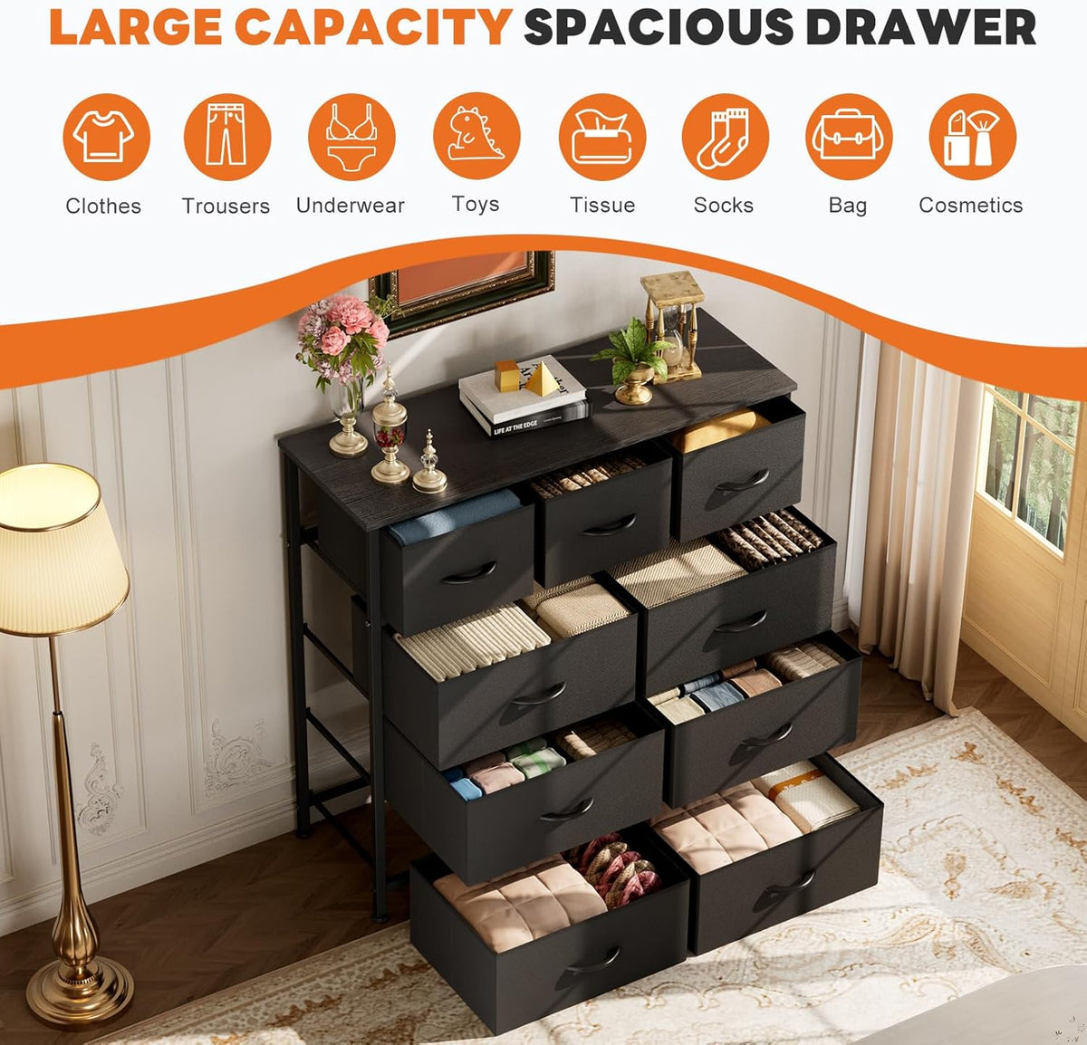 7 Drawer Dresser with Fabric Bins Fabric Storage Tower Organizer for Bedroom Closet Hallway Entryway Tall Chest of Drawers with Steel Frame Wood Top Easy Pull Handles,Black