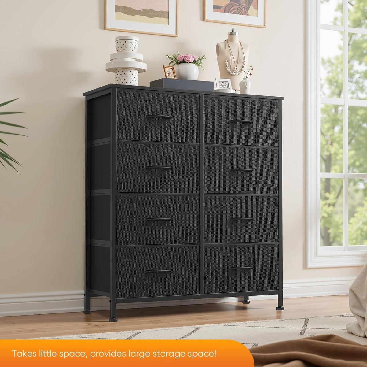 7 Drawer Dresser with Fabric Bins Fabric Storage Tower Organizer for Bedroom Closet Hallway Entryway Tall Chest of Drawers with Steel Frame Wood Top Easy Pull Handles,Black