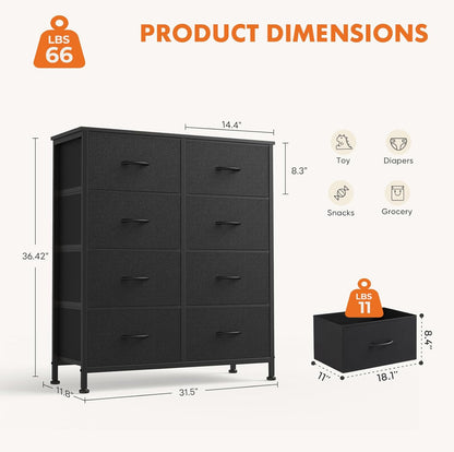 7 Drawer Dresser with Fabric Bins Fabric Storage Tower Organizer for Bedroom Closet Hallway Entryway Tall Chest of Drawers with Steel Frame Wood Top Easy Pull Handles,Black