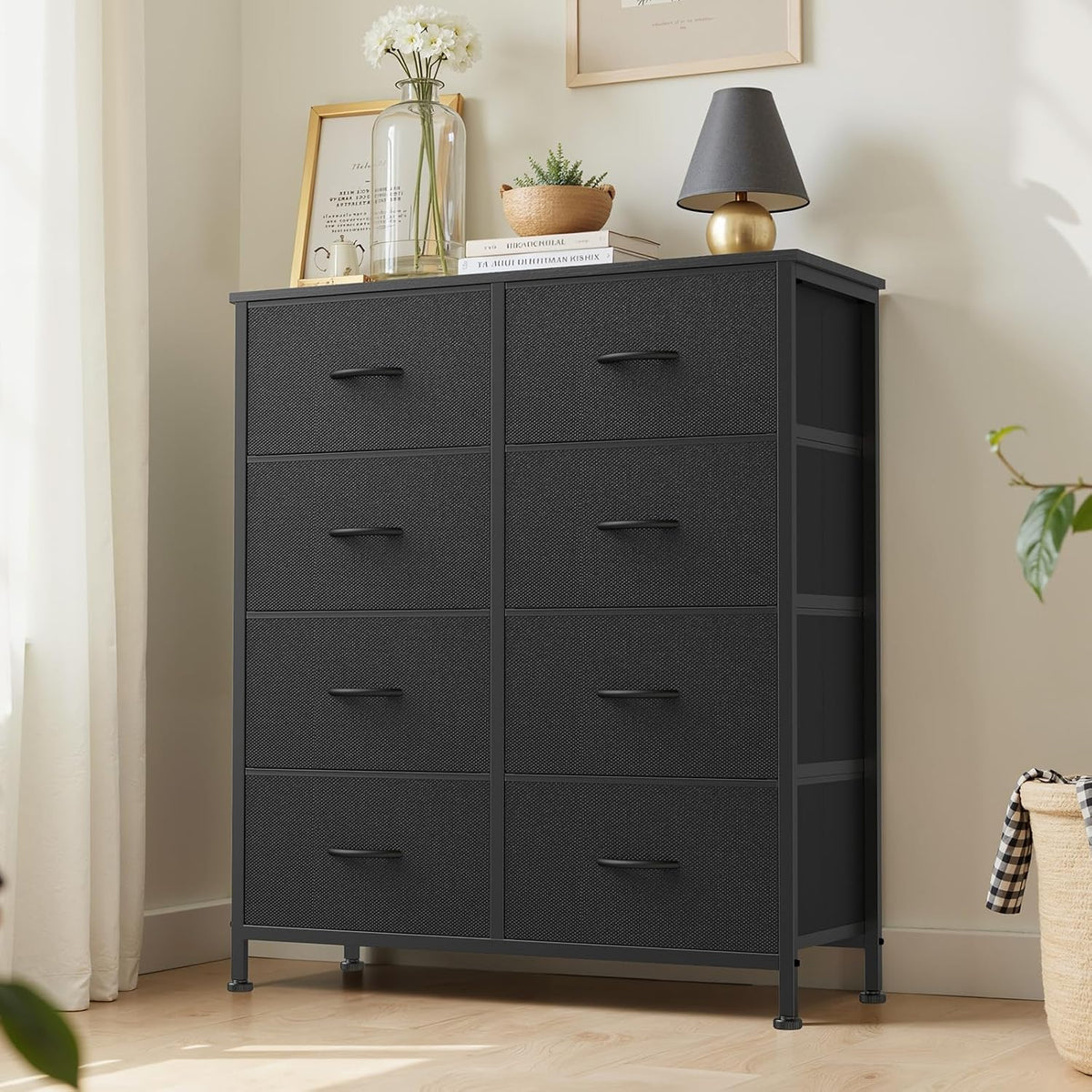 7 Drawer Dresser with Fabric Bins Fabric Storage Tower Organizer for Bedroom Closet Hallway Entryway Tall Chest of Drawers with Steel Frame Wood Top Easy Pull Handles,Black