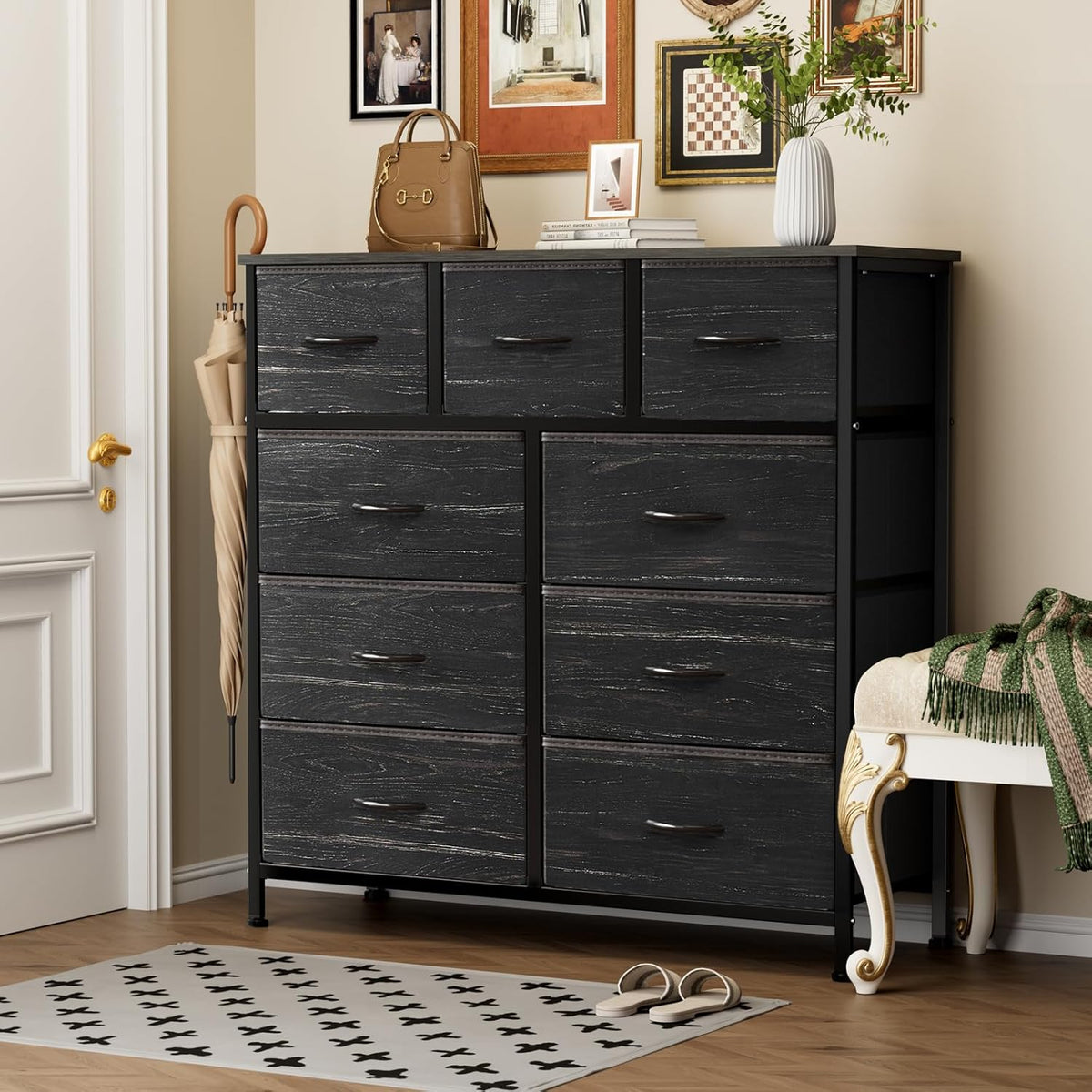 7 Drawer Dresser with Fabric Bins Fabric Storage Tower Organizer for Bedroom Closet Hallway Entryway Tall Chest of Drawers with Steel Frame Wood Top Easy Pull Handles,Black