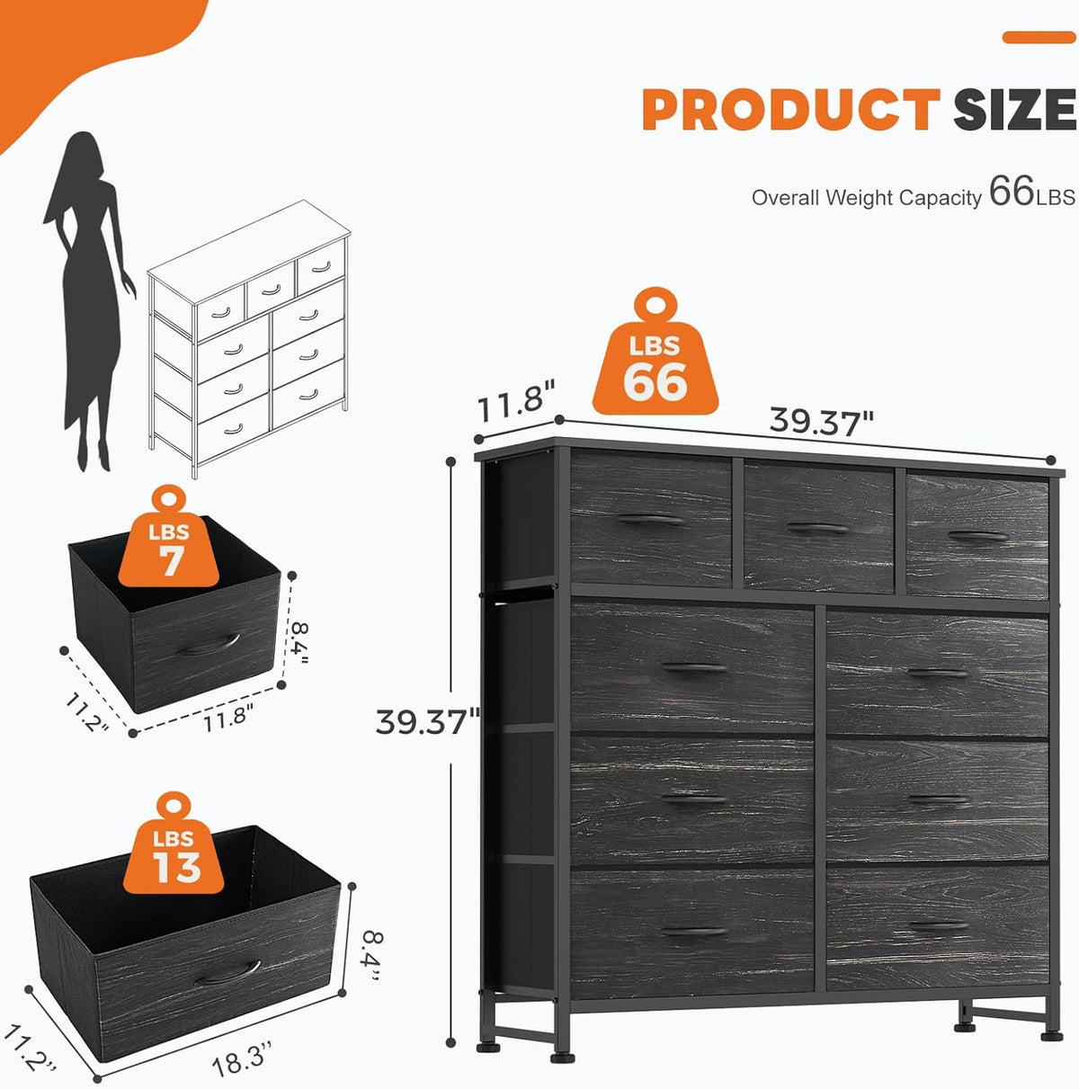 7 Drawer Dresser with Fabric Bins Fabric Storage Tower Organizer for Bedroom Closet Hallway Entryway Tall Chest of Drawers with Steel Frame Wood Top Easy Pull Handles,Black