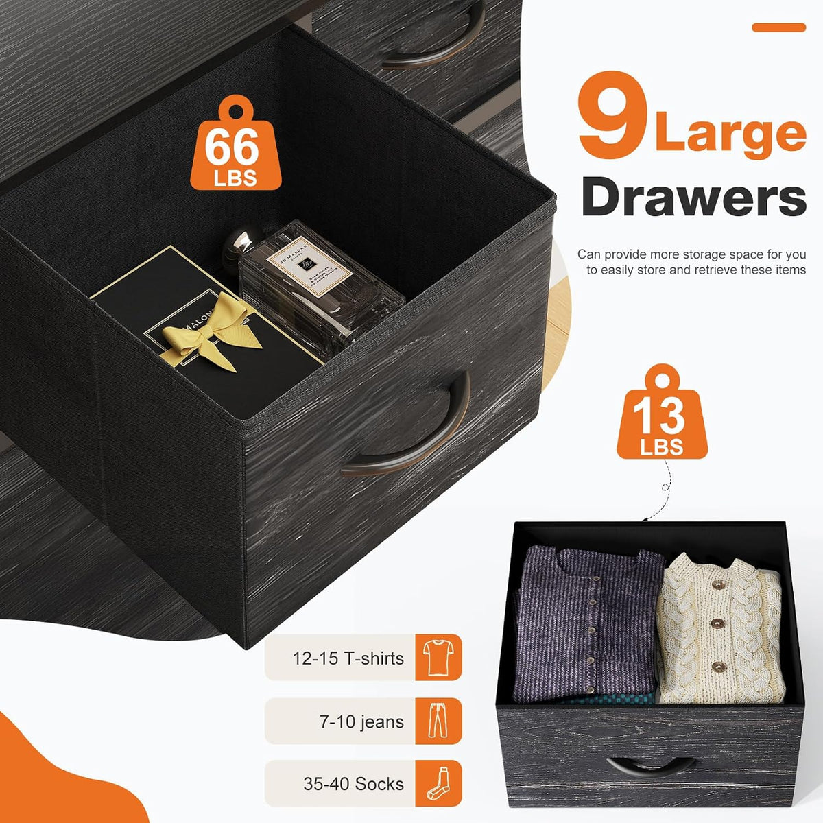 7 Drawer Dresser with Fabric Bins Fabric Storage Tower Organizer for Bedroom Closet Hallway Entryway Tall Chest of Drawers with Steel Frame Wood Top Easy Pull Handles,Black